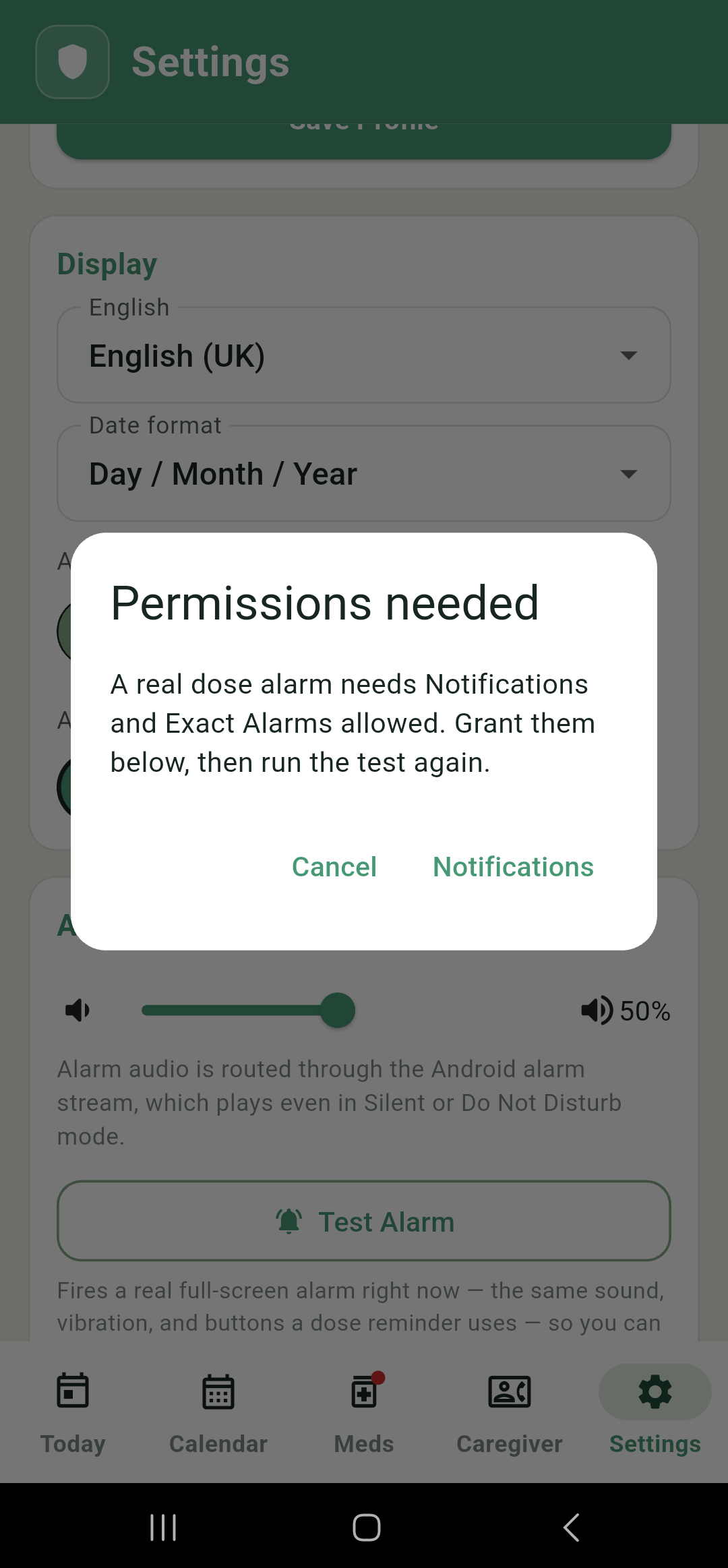 Permissions needed dialog when testing the alarm without required permissions